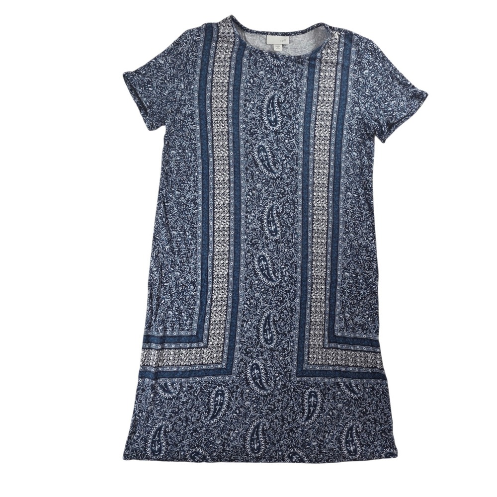 J. Jill Paisley Border Print Blue T-Shirt Dress Blue XS Petite Women Boho Travel